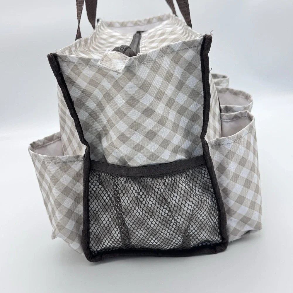 Thirty One 31 Zip Top Organizing Tote 7 Pocket Medium Taupe Brown Gingham Bag